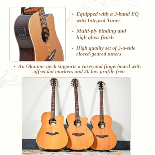 Sevinia Guitarra electroacústica, estilo occidental con parte superior de cedro macizo y parte trasera y laterales de palisandro, ecualizador de 3 bandas, afinador, diapasón de palisandro, bolsa