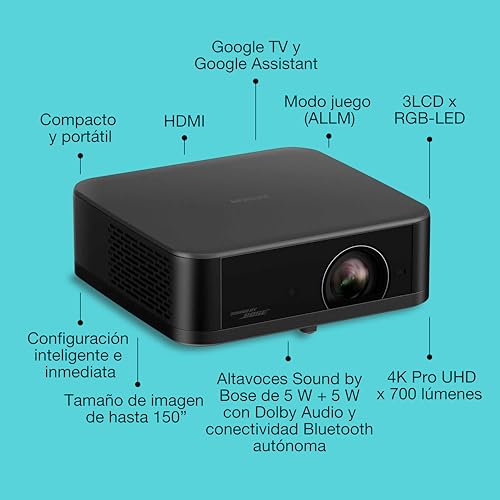 Epson Lifestudio Pop Plus EF-62B, proyector portátil Inteligente, Sound by Bose, Google TV, 4K Pro UHD, Uso en Interior/Exterior, 5 años de garantía*