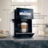 SIEMENS, cafetera superautomática, EQ900, Modo Barista, 2 molinillos cerámicos, Display Touch&Slide de 6,8", conectividad Home Connect, acero inoxidable, TQ903R03
