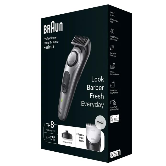 Braun Series 7 BT7420 - Recortadora de barba profesional para hombre, 40 ajustes de longitud, herramientas de barbería, base de carga, estuche de viaje, plantilla de barba, batería