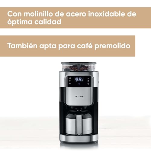 SEVERIN - Cafetera de goteo con molinillo hasta 10 tazas, Cafetera de filtro / Cafetera americana con jarra de cristal de 1l, con pantalla LED con temporizador, Acero inoxidable / Negro, KA 4814