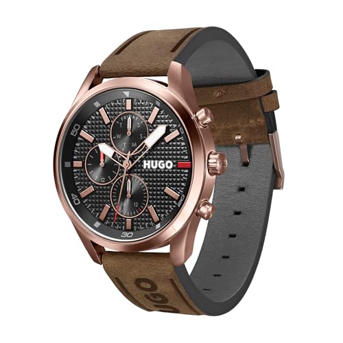 HUGO Reloj Analógico de Cuarzo Multifunción para Hombre Colección #Chase con Correa de Cuero Marrón - 1530162