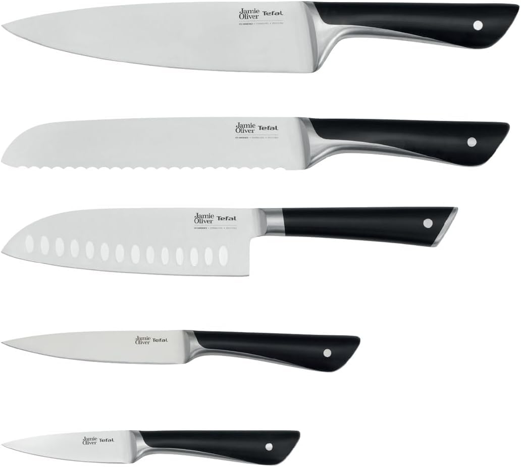 Tefal Jamie Oliver – Bloque de 5 Cuchillos: Chef 20 cm, Santoku 16,5 cm, Pan 20 cm, Universal 12 cm, Pelador 9 cm | Acero Inoxidable, Endurecidos con Hielo -120°C, Preciso, Mango Robusto, Duradero
