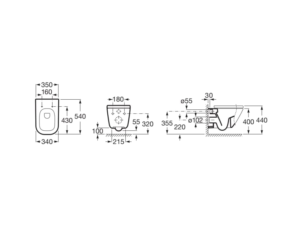 Roca,Senso Square DE,SQUARE - Taza suspendida con salida horizontal,Blanco,350mm x 540mm x 400mm,A346477000