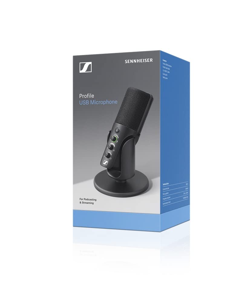 Sennheiser Profile Micrófono USB con Soporte para sobremesa - Diseño Plug & Play, Grabar podcasts y Streaming, Cápsula de Condensador cardioide, Cable USB-C de 1,2m - Negro (700065)