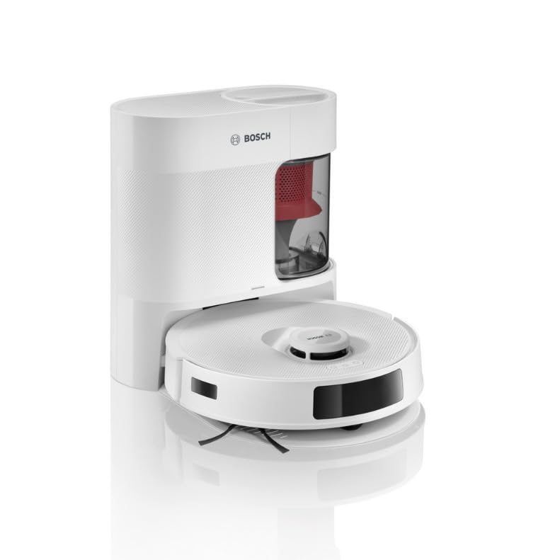 Bosch - Robot Aspirador Spotless +, BCRD1W, aspira y friega, Potencia 11.000 Pa², Almohadilla húmeda Fija, estación Seca, Sistema Inteligente de visión por Infrarrojos, Bosch Home Connect App, Blanco