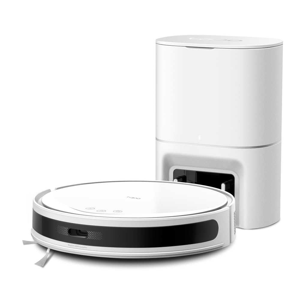 Tapo RV20 MAX Plus Robot Aspirador, Blanco, con 5300Pa de succión, Base de autovaciado, navegación láser LiDAR, mapeo Inteligente, Limpieza 4 en 1, Control por Voz y App, Solo 83 mm de Alto