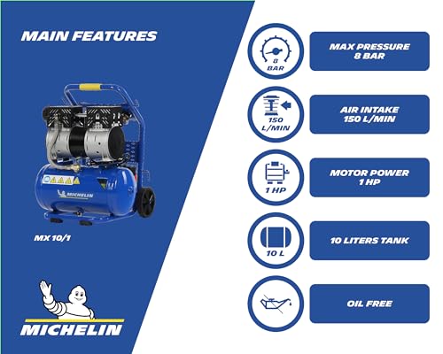 MICHELIN CA-MX10-1 - Compresor Silencioso 10LT 1HP - 59 dB - Capacidad 10 L - Motor de 1 HP - Presión Máx 8 Bar - Caudal 130 l/min - Sin Aceite - Portátil - Carro Ergonómico