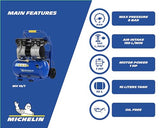 MICHELIN CA-MX10-1 - Compresor Silencioso 10LT 1HP - 59 dB - Capacidad 10 L - Motor de 1 HP - Presión Máx 8 Bar - Caudal 130 l/min - Sin Aceite - Portátil - Carro Ergonómico