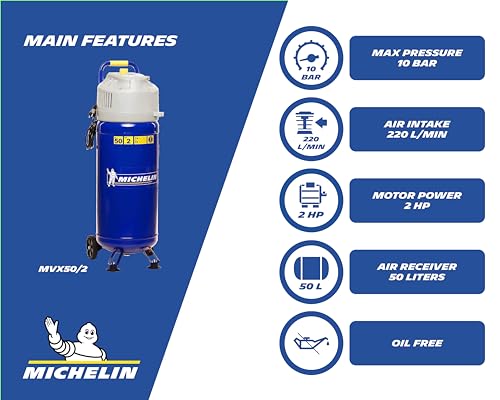 MICHELIN - Compresor de aire vertical MVX50/2 - Tanque de 50 litros - Sin aceite - Motor de 2 CV - Presión máxima 10 bar - Flujo de aire 220 l/min - 13,2 m³/h