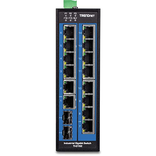 TRENDnet, TI-G162, Switch DIN-Rail Gigabit Industrial de 16 Puertos, 14 Puertos Gigabit, 2 Ranuras SFP Gigabit, Capacidad de conmutación de 32 Gbps