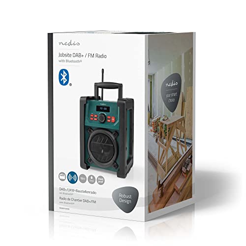 Nedis Dab + Radio | Mesa de ejecución | Dab+ / FM | 2.2" | Monitor Blanco | Funciona con Pilas/Fuente de alimentación de Red | Digital | 15 W | Bluetooth | Despertador | IP65 | Asa de Transporte |