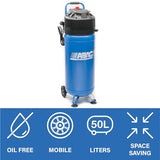 Compresor de aire vertical ABAC EASE-AIR 50V, Compresor de aire sin aceite, Presión máxima 10 bar, Potencia 2 hp, Depósito 50 litros, Nivel sonoro 97 dB (A)