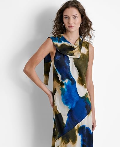 DKNY Sleeveless Printed Tie Neck Vestido, Remolino de Tinta explotado, M Mujeres
