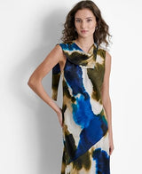 DKNY Sleeveless Printed Tie Neck Vestido, Remolino de Tinta explotado, M Mujeres