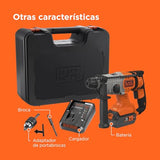 BLACK+DECKER Taladro percutor inalámbrico SDS-Plus 18V, batería 4,0Ah, cargador 2A, caja del kit, mango ajustable, luz LED, BCD900M1K-QW