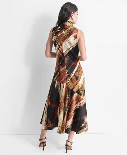 DKNY Sleeveless Printed Tie Neck Dress Vestido, Paint Stroke, XL Mujeres