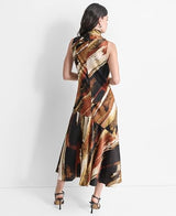 DKNY Sleeveless Printed Tie Neck Dress Vestido, Paint Stroke, XL Mujeres