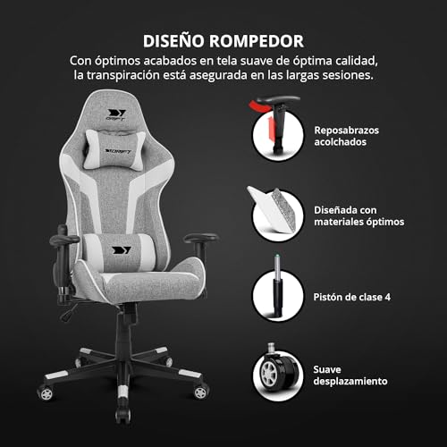 DRIFT GAMING DR90 – Silla Gaming ergonómica con reposacabezas y Lumbar, Respaldo reclinable 135°, Brazos 2D Ajustables, Tejido Transpirable, Base de Nylon y pistón de Gas Clase 4 – Gris/Blanco
