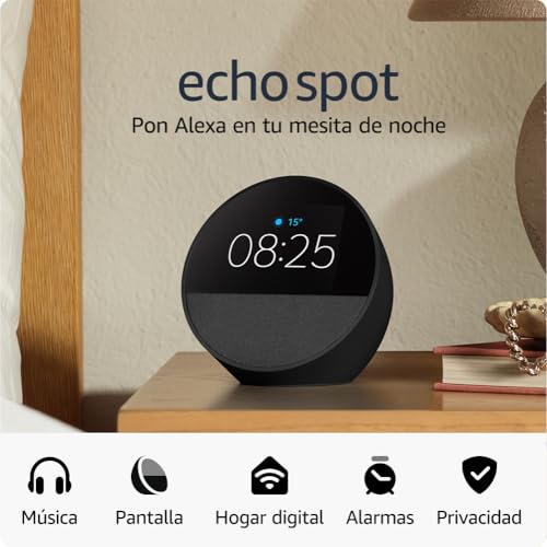 Amazon Echo Spot (modelo de 2024) | Despertador inteligente con sonido de calidad y Alexa | Negro