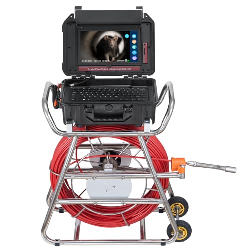 VEVOR Cámara de Alcantarillado, 100 m, Cámara de Drenaje Autonivelante con Pantalla Táctil, Transmisor de 512 Hz y Contador de Distancia, con Luces, 12 LED, Tarjeta de 32 GB, 555 × 275 × 665 mm