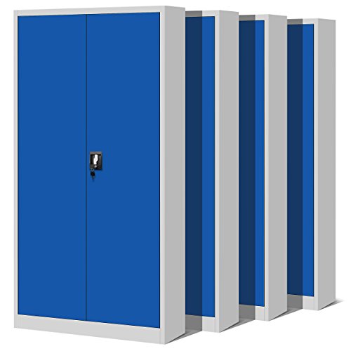 Juego de 4 Armario de Oficina Archivador Armario de Herramientas Metálico 4 Estantes con Recubrimiento de Polvo Se Puede Cerrar 195 cm x 90 cm x 40 cm (Gris-Azul)
