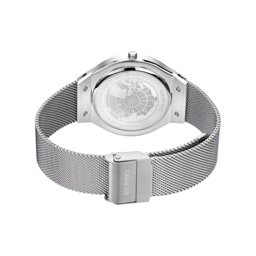 BERING 12138-004 Reloj de Cuarzo Unisex con Caja de Acero Inoxidable Plateado de 38 mm y Esfera Blanca, Correa milanesa, Cristal de Zafiro y Resistencia al Agua de 3 ATM