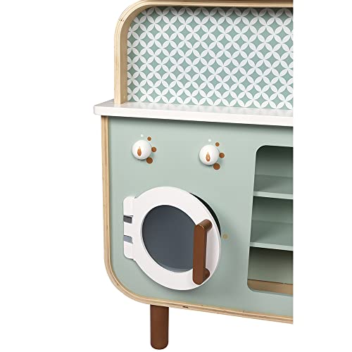 Janod - Cocina de doble cara- Cocina de madera para niños Recto-Verso - Cocina con luz y sonido - Con 7 accesorios - De 3 a 8 años, J06594
