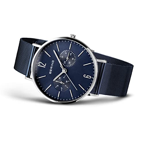 BERING 14240-303 Reloj de cuarzo para hombre con caja de acero inoxidable plateado de 40 mm y esfera azul, correa milanesa, cristal de zafiro y resistencia al agua de 3 ATM