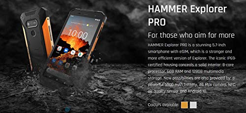 Hammer H EXPLORER PRO 5,7" IPS Teléfono Celular al Aire Libre, teléfono Inteligente estándar Militar, Mega batería 5000mAh con Carga rápida, 48MP, eSIM, NFC, LTE 4G, IP69, Dual SIM, Android 10 - Plata
