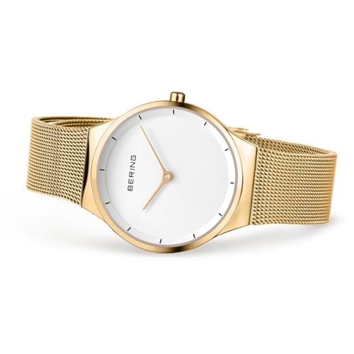 BERING 12131-339 Reloj de cuarzo para mujer con caja de acero inoxidable de 31 mm con acabado dorado y esfera blanca, correa milanesa, cristal de zafiro y resistencia al agua de 3 ATM