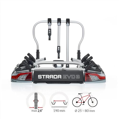 Atera 022701 Portabicicletas de Coche Strada EVO 3, portabicicletas de Remolque con Luces traseras, para 3 Bicicletas o e-Bikes