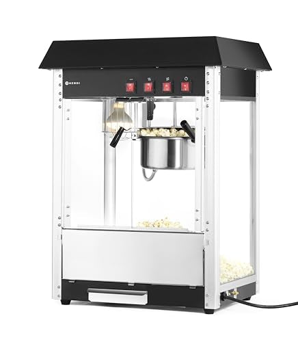 HENDI Máquina para hacer palomitas de maíz, palomitero, con bandeja recogemigas, 230V, 1500W, 560x420x(H)770mm, aluminio, acero inoxidable, cristal templado, negro