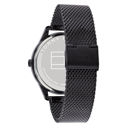 Tommy Hilfiger Reloj Multifunción de Cuarzo para Hombre de 44 mm - Esfera Negra con Motivo Clou de Paris, Pulsera de Malla de Acero Inoxidable Negra, Resistente al Agua 5ATM - 1791420