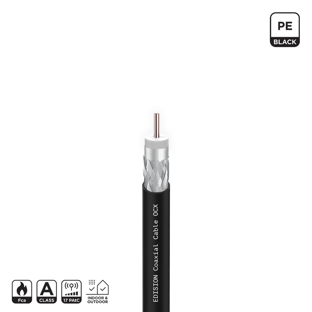 Edision OCX-100 Cable Coaxial 100m, Cable Antena TV Exterior/Interior PE Negro, Cobre CU/AL, 17PAtC, CPR Fca, Clase A, Cable Satélite, para DVB-S2, DVB-T/T2, DVB-C, RADIO, Bobina Plástico 100m