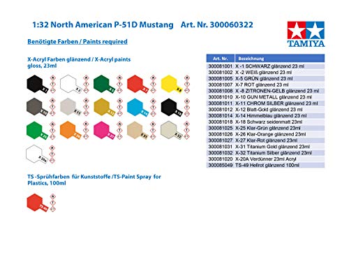 Tamiya-1/32 North American P-51D Mustang Plastic Airplane Flugzeug Kit de Modelo, Color Gris Claro, 318mm Length (60322)