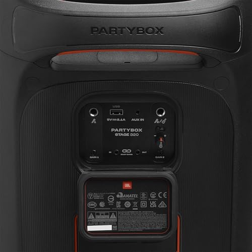 JBL PartyBox Stage 320, Altavoz portátil para fiestas, con asa telescópica y ruedas, Bluetooth, espectáculo de luces, resistente a salpicaduras IPX4, hasta 18h de reproducción, negro