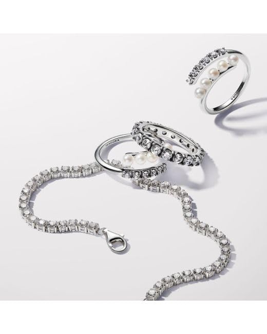 Pandora Timeless Anillo abierto de plata de ley con perla blanca cultivada de agua dulce tratada y circonita cúbica transparente, talla 52