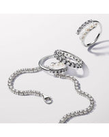 Pandora Timeless Anillo abierto de plata de ley con perla blanca cultivada de agua dulce tratada y circonita cúbica transparente, talla 52