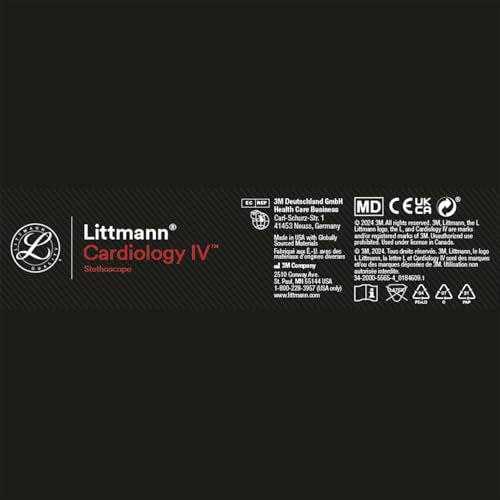 3M Littmann Cardiology IV Fonendoscopio para diagnóstico, campana de acabado estándar, tubo negro y vástago y auricular de acero inoxidable, 68,5 cm, 6152