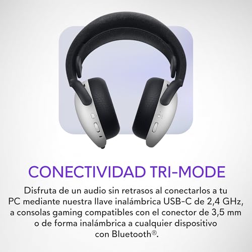 Alienware Auriculares Gaming Inalámbricos Tri-Mode - Dolby Atmos, Doble Micrófono IA, 30H de Batería, Controles Táctiles, Triple Conectividad, AlienFX RGB- Lunar Light