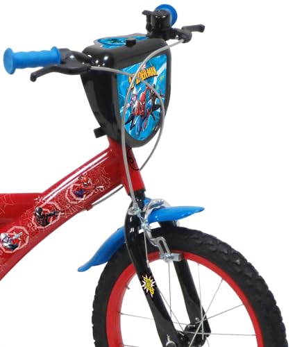 A.T.L.A.S. Bicicleta Infantil de 16 Pulgadas, Marvel Equipada con 2 Frenos, Placa Frontal Decorativa, Botella Trasera y Casco Spiderman Incluido ELO niño, Niños, Rojo idéntico a Las Fotos, 16''