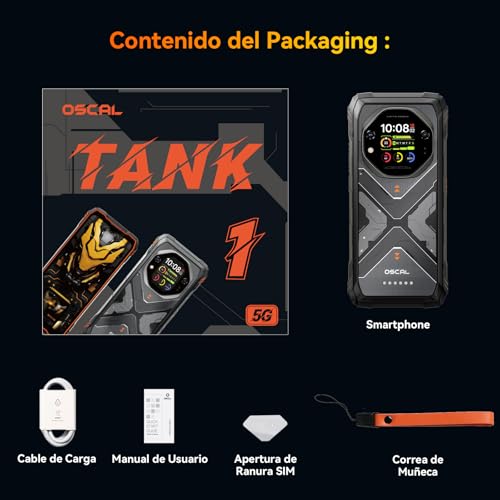 OSCAL Tank 1 Movil Resistente 5G, 48GB+512GB, 20000mAh 55W, Cámara 64MP+50MP+20MP Visión Nocturna, 6.78" FHD+120Hz & 2,01" Pantalla Sec., Dimensity 7050 Movil Irrompible Android 15, IP69K/NFC/OTG