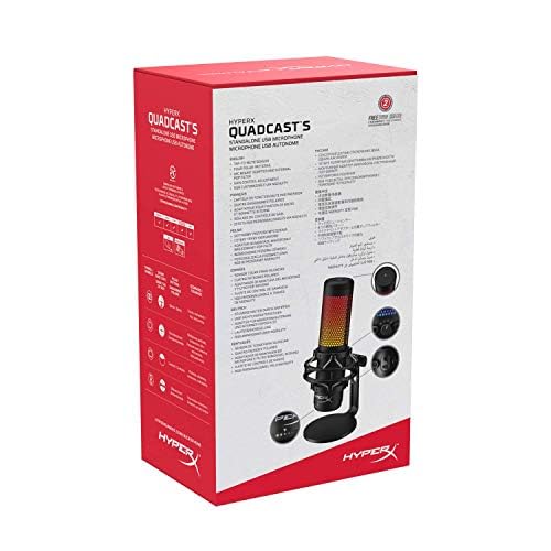 HyperX QuadCast S - Micrófono de condensador USB, iluminación RGB, soporte de choque antivibración, cuatro patrones polares, filtro pop, control de ganancia, para PC, PS4, PS5 y Mac, Negro