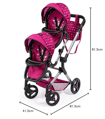 Bayer Design 26267AA Cochecito de Muñeca Gemelas, Carrito Paseo para muñecos, Ajustable en Altura, Plegable, con la Bolsa de Bandolera, Compatible con Silla de Coche EasyGo