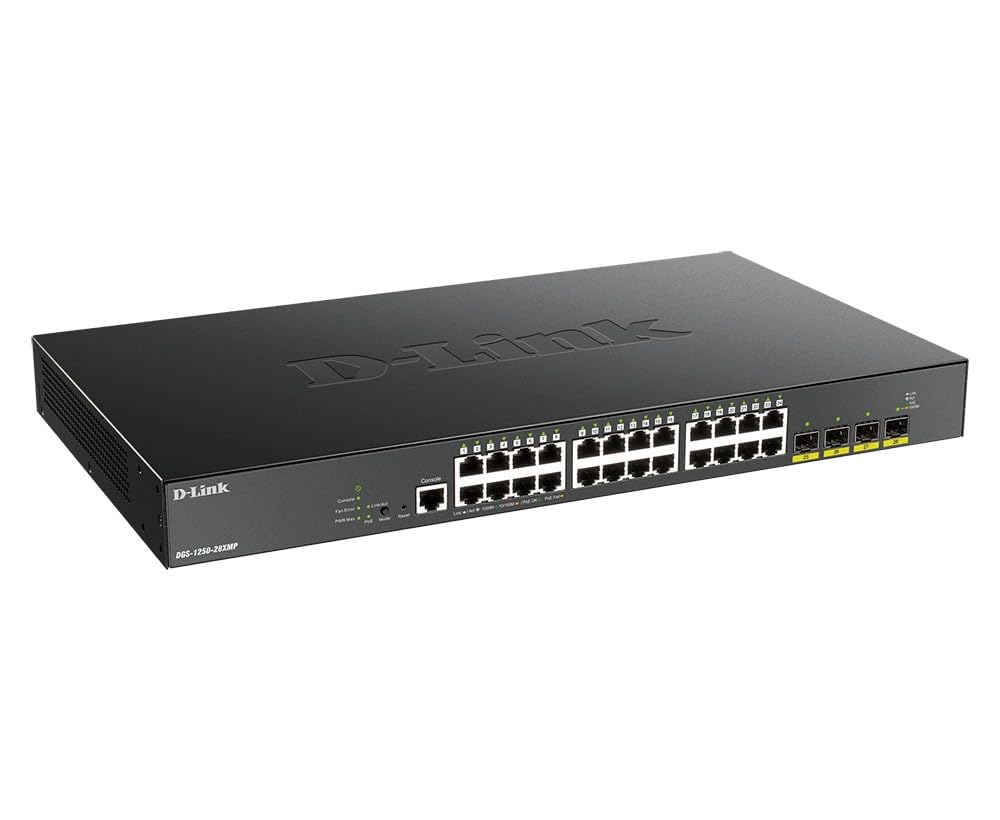 D-Link DGS-1250-28XMP - Switch 28 puertos PoE Gigabit Gestionable con UpLink a 10Gbps, Layer 2 y Layer 3 Lite (24x 10/100/1000BASE-T PoE, 4x 10G uplink SFP+ y 1x consola RJ-45), Negro