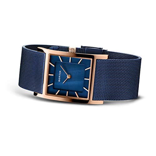 BERING 10426-367-S Reloj de cuarzo para mujer con caja de acero inoxidable de 26 mm con acabado en oro rosa y esfera azul, correa milanesa, cristal de zafiro y resistencia al agua de 5 ATM