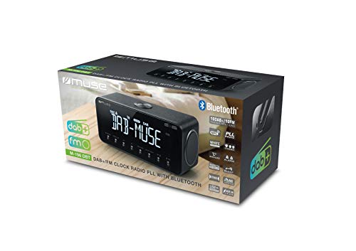 Muse Radio Reloj Dab+ FM PLL, Bluetooth, Alarma Dual, (M-196 DBT), Pantalla LCD, retroiluminación, Reloj, Alarma, zumbador, repetición, función de sueño, Antena, Entrada Auxiliar, Carga USB, batería