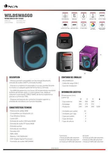 NGS Wild Swag Go - Altavoz Portátil, Compatible con la Tecnología Bluetooth 5.0, True Wireless Stereo, Luces y Pantalla LED, Entrada USB, Audio TF y Auxiliar, 24 x 23 x 30 cm, 80 W, Color Negro