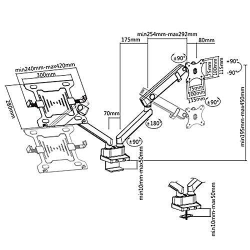Soporte de Escritorio para 2 ó 3 monitores, Laptop, portátil, Pantalla, Monitor, Altura, rotación e inclinación Ajustable, con Portes USB Integrados, VESA 75x75, 100x100 (MC-813 Doble)